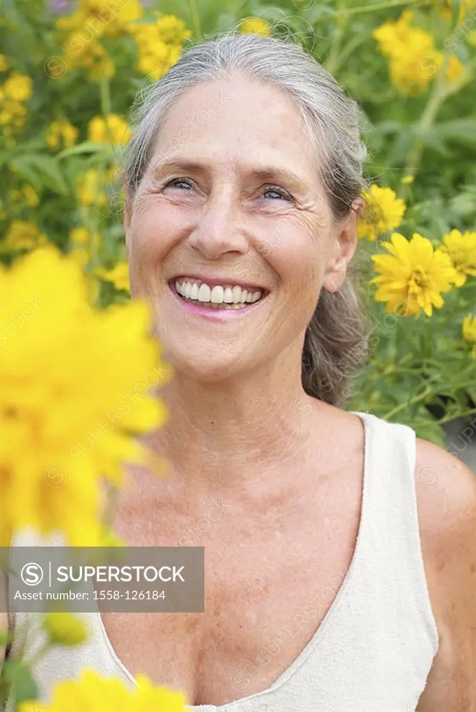 Garden, senior, flowers, smells, portrait, series, people, seniors, woman, 60-70 years, grey-haired, laughs, cheerfully, happily, plants, ornament-flo...