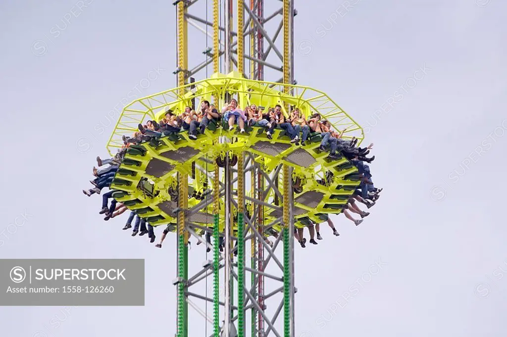 Germany, driving-business, ´power tower 2´, detail, passengers, no property release, Oktoberfest, festival, Kirmes, tower, free-fall-tower, height 70 ...