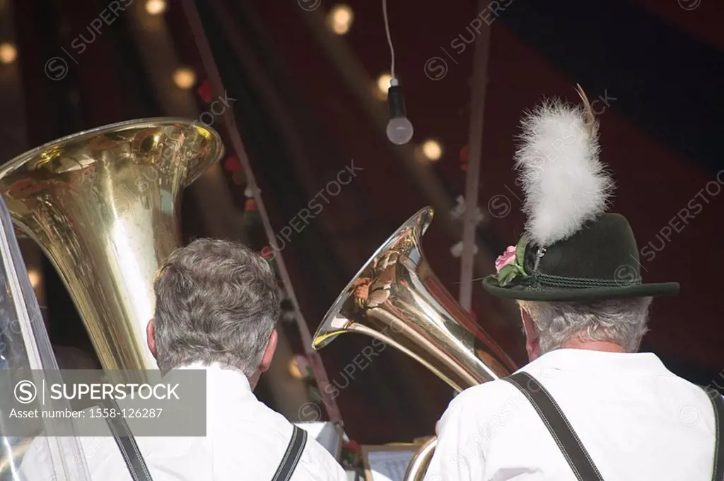 Germany, Bavaria, carnival marquee, Blaskapelle, musicians, back-opinion, event, party, people-music, Blasmusik, music, chapel, band, people, men, sen...