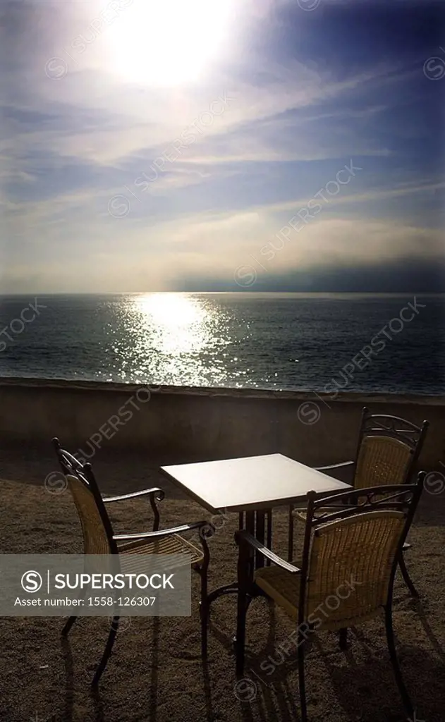 Terrace, table, chairs, sea-gaze, Spain, Balearen, island Majorca, Cala Ratjada, destination, tourism, loneliness, nobody, sea, Mediterranean, view, r...