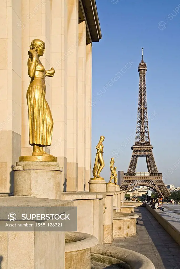 France, Paris, Eiffelturm, palace de Chaillot, bronze-figures, marble-terrace, no property release, capital, tower, steel-timbering-tower, constructio...