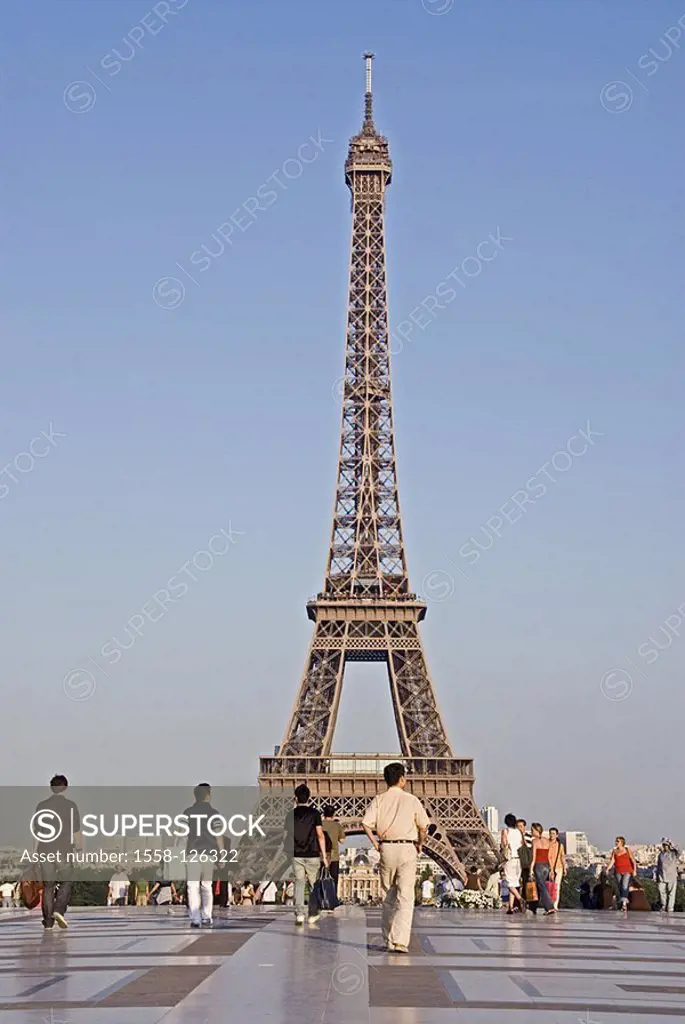 France, Paris, Eiffelturm, palace de Chaillot, marble-terrace, tourists, no property release, capital, tower, steel-timbering-tower, construction, con...