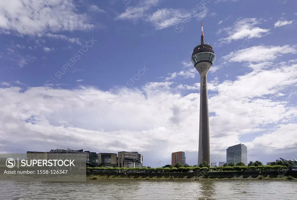 Germany, North Rhine-Westphalia, Düsseldorf, state parliament-buildings, Rhine-tower, river Rhine city promenade shore-promenade Rhine-shores, state p...