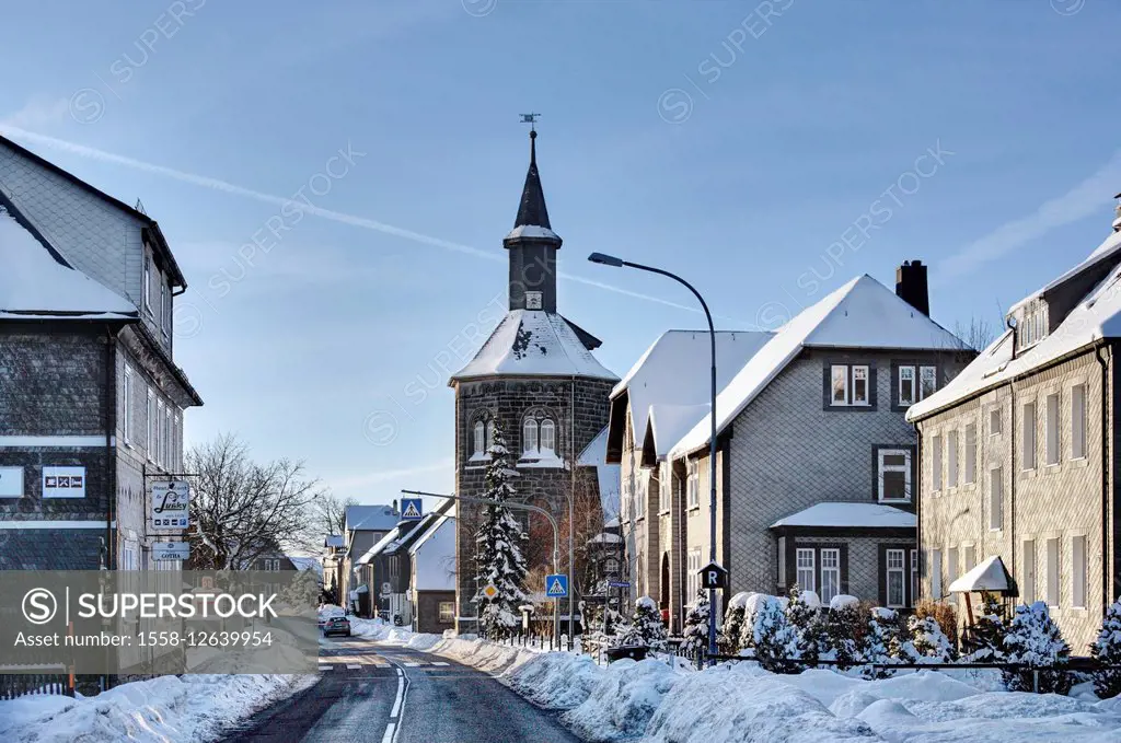 Germany, Thuringia, Neustadt (Rennsteig), street, houses, church,