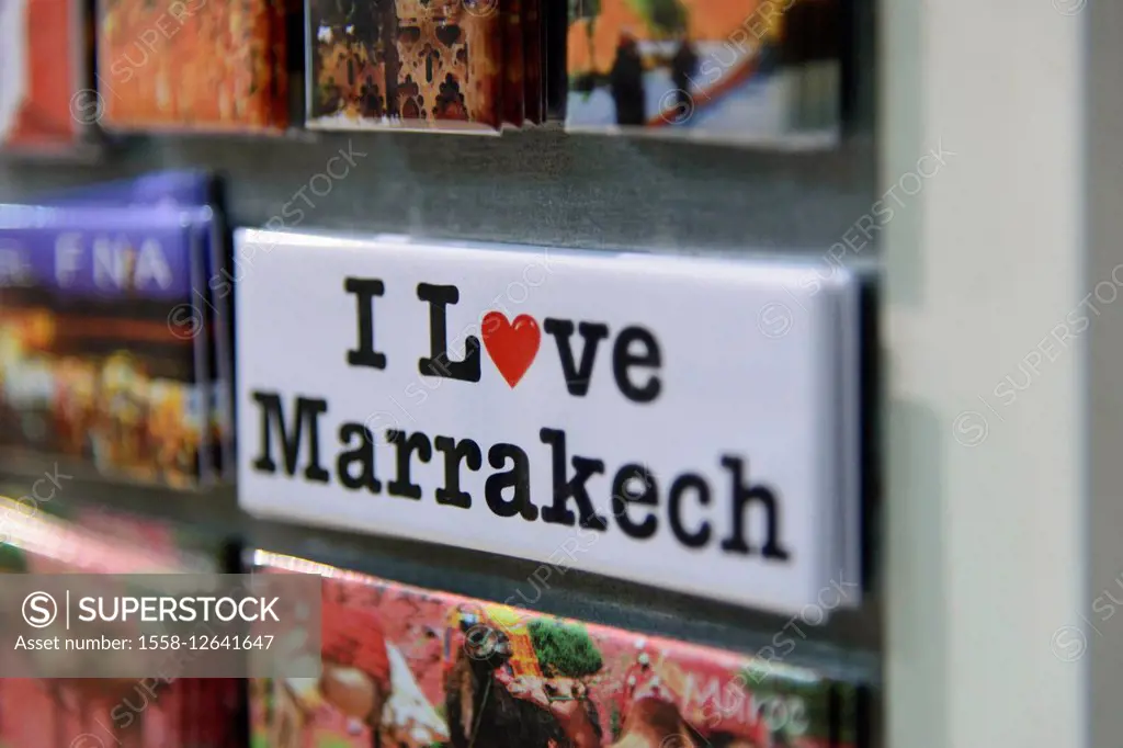 Africa, Morocco, Marrakech, 'I Love Marrakech' fridge magnet in a tourist shop,