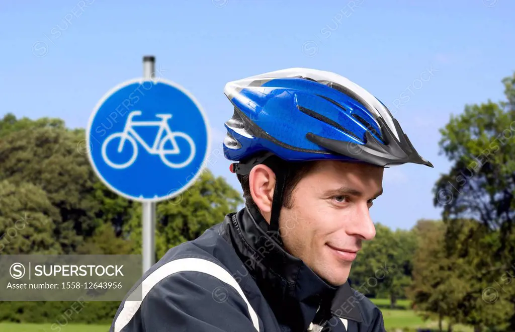 Man, bicycle helmet, riding a bike, sign, close-up,