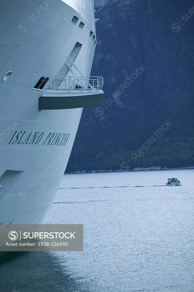 USA, Alaska, Skagway, cruise-ship, ´Iceland Princess´, detail, southeast-Alaska, ship, cruiser, shipping, trip, ship-trip, aims, been out of the way, ...
