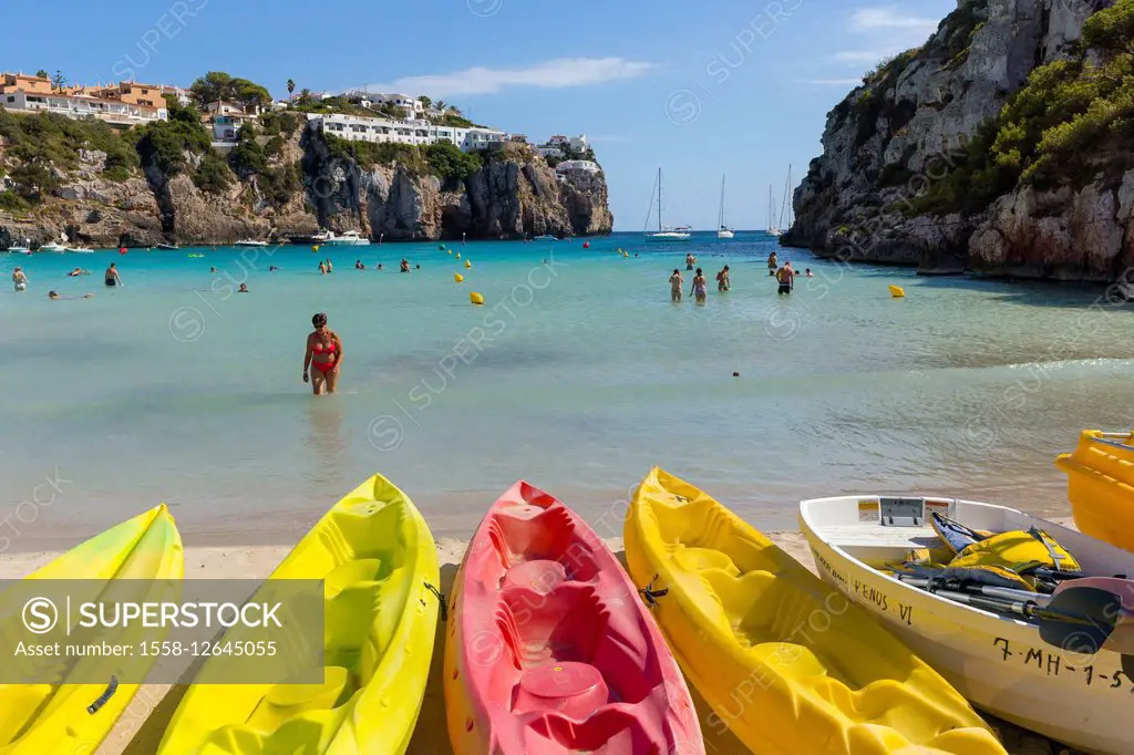 Canoes, Cala en Porter, south coast of the Island Menorca, the Balearic Islands, Spain