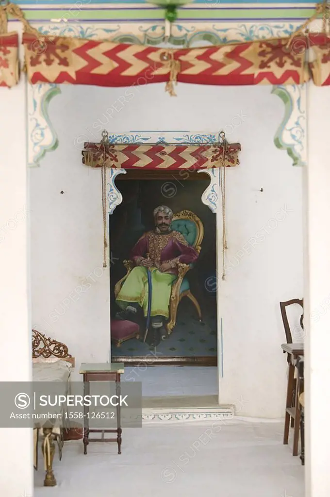 India, Rajasthan, Udaipur, city-palace, Maharaja´s bedrooms, detail, paintings, Asia, South-Asia, destination, sight, indoors, inner-reception, buildi...