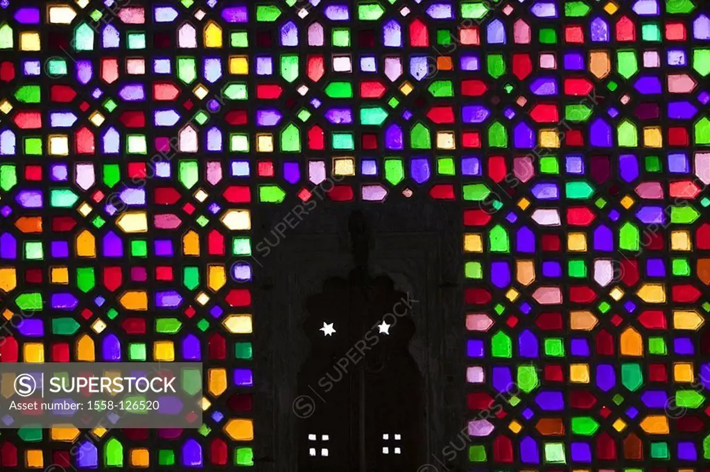 Facade, wall, colorful-glass, detail, India, Rajasthan, Udaipur, Bgore-ki-Haveli, windows, window-glass, glass-windows, colorful-glass-windows, colorf...