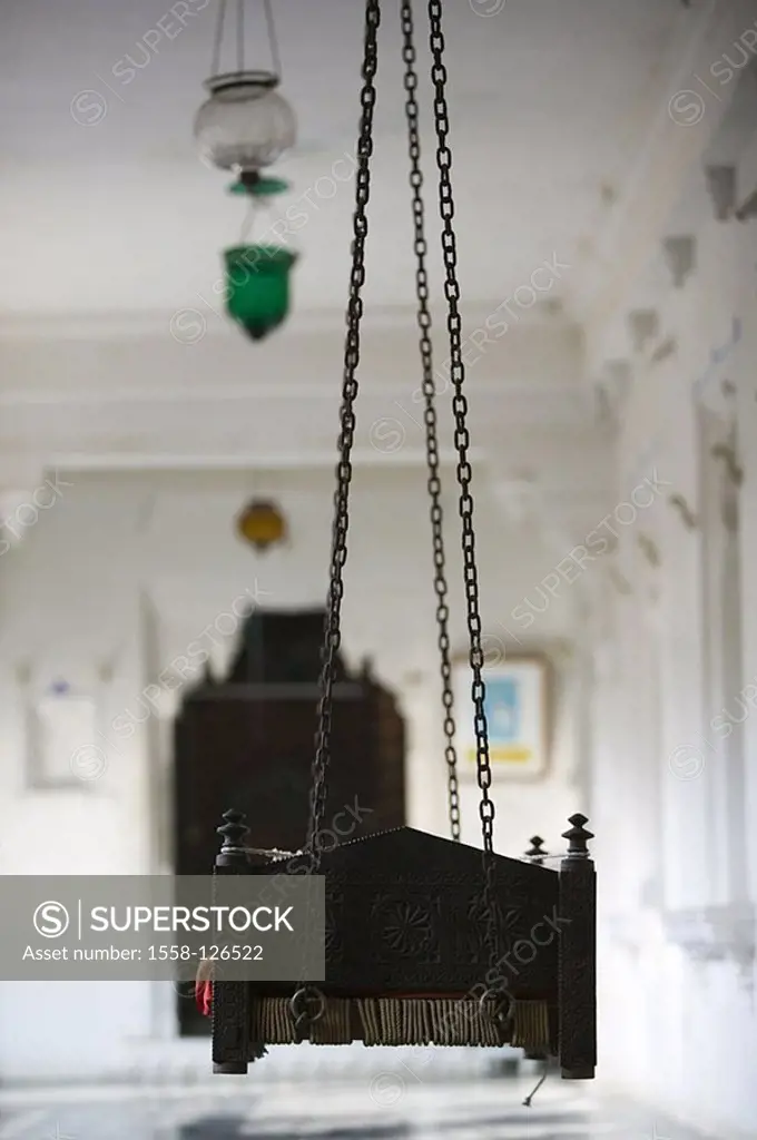 India, Rajasthan, Udaipur, Bagore-Ki-Haveli, balcony, swing, fuzziness, Asia, South-Asia, sight, Gästehaus, museum, porch, terrace, chains, hangs, hun...