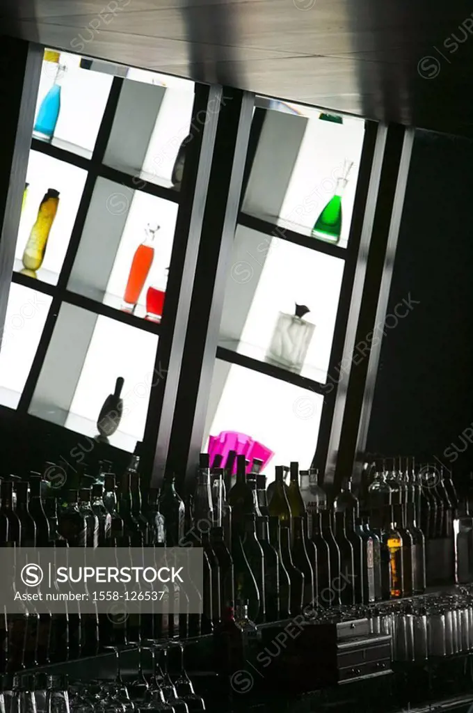 Shelf, decoration, flasks, bottles, differently, bar, detail, squares, illumination, indirectly, transparently, lucidly, contents, liquids, colorfully...