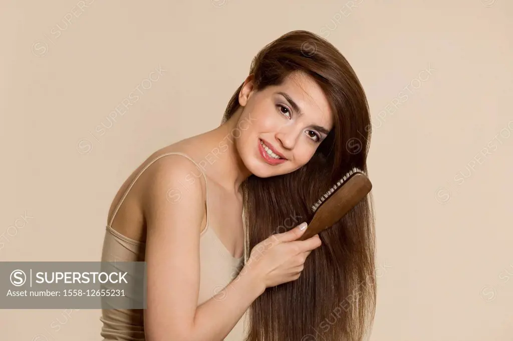 Woman, young, smile, brush hair, portrait,