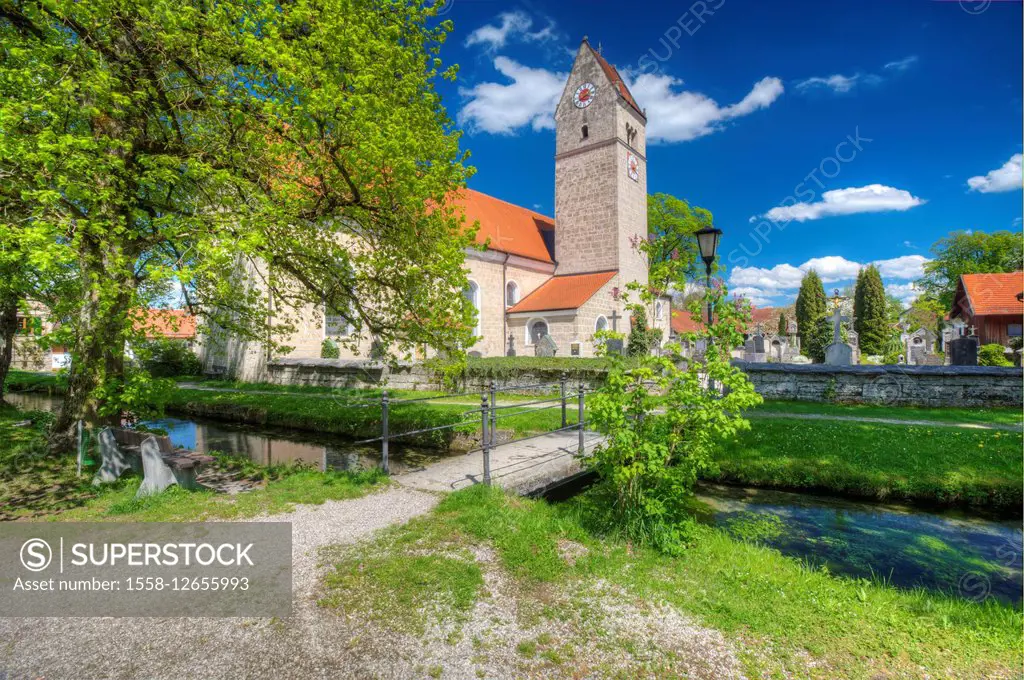 view to the Saint Magnus church in Huglfing village, Bavaria, Upper Bavaria, Germany