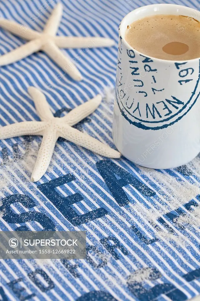 Still life, maritime, blue, starfish, material, text, coffee cup,