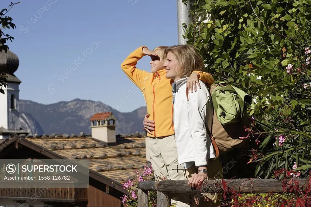 Mother, daughter, hiking, mountain-village, farmhouse, balcony, outlook,