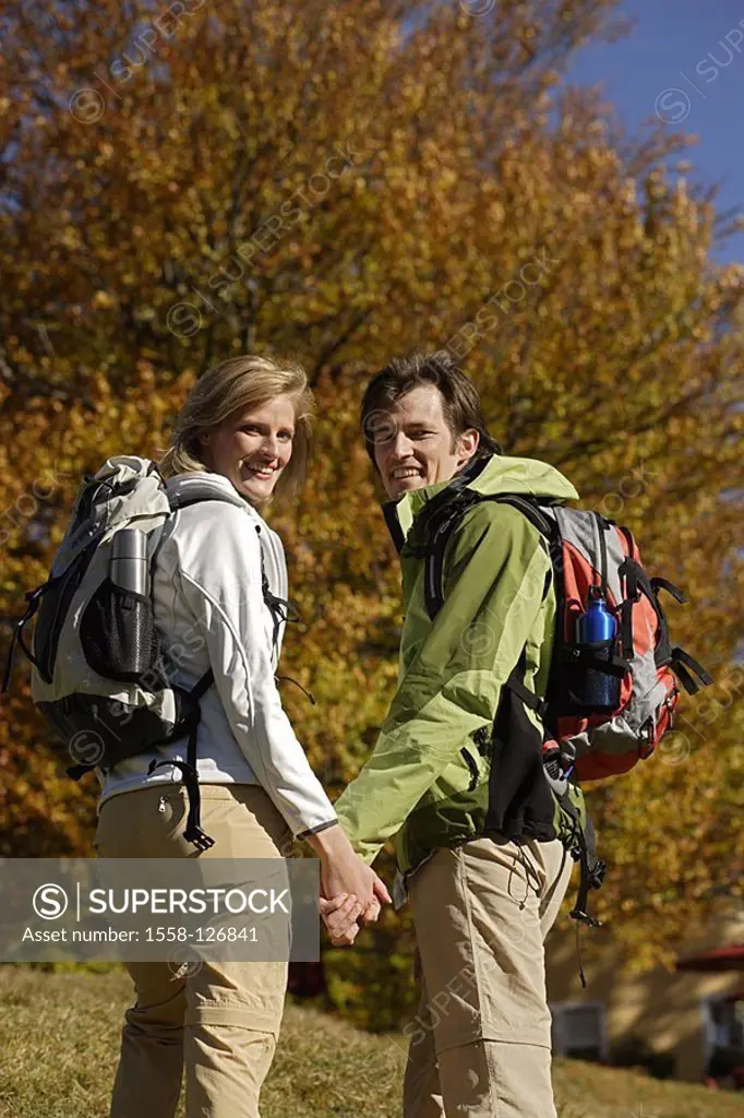 Mate, hiking, autumn, cheerfully, gaze camera,