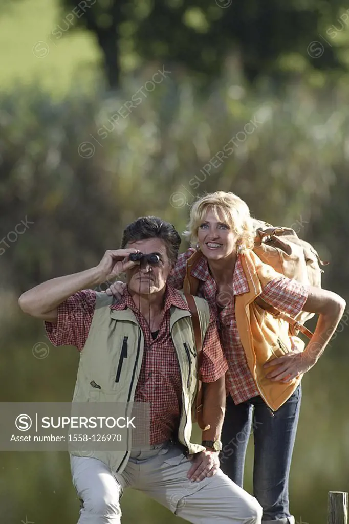 Mate, hiking, shores, bridge, man, gaze binoculars,