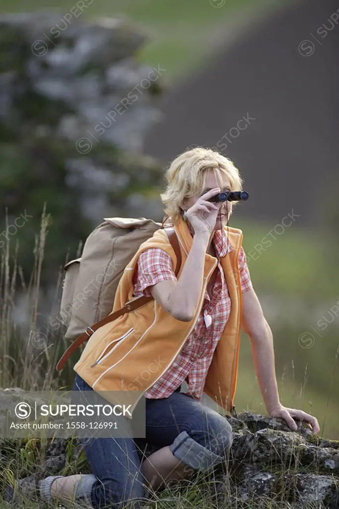 Woman, hiking, autumn, rest, gaze binoculars,