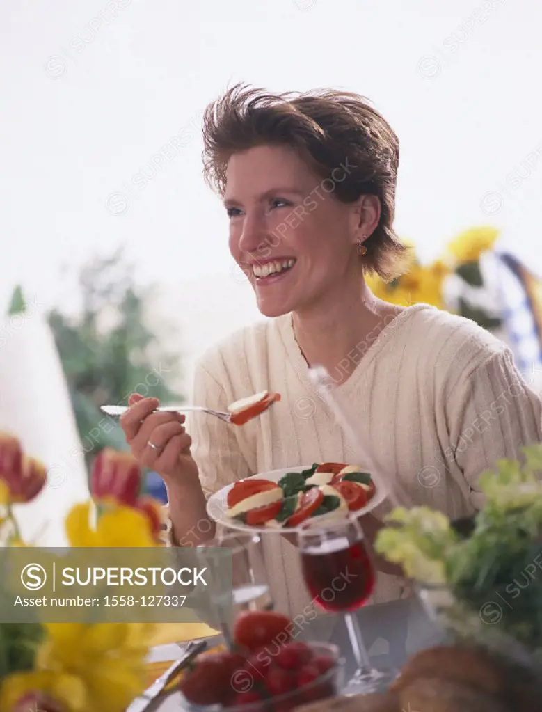Woman, happy, Plate, Tomatoes
