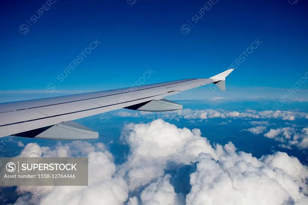 Wing, airplane, clouds, blue sky, lift of, aviation