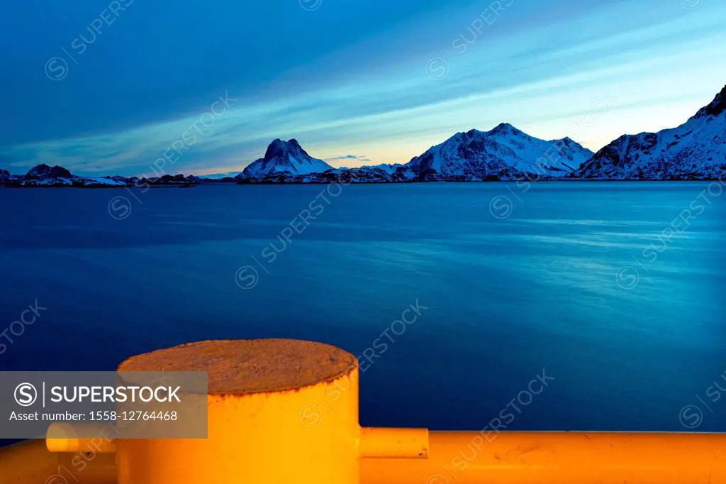 Blue hour, harbour, sea, landing pier, Rokkvika, Stamsund, Lofoten, Norway