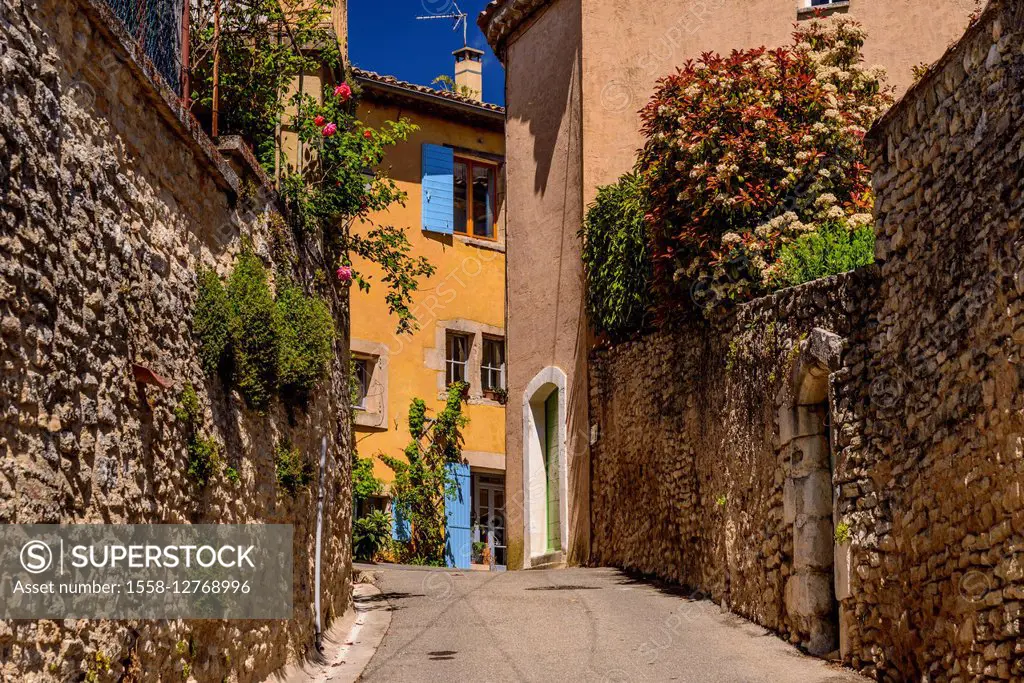 France, Provence, Vaucluse, Goult, old town alley, overgrown facade