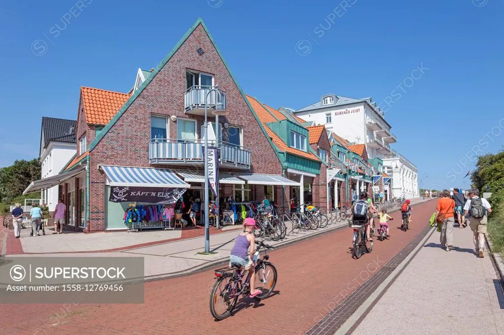 Shops, road to the beach, Strandstraße, in the background health Kurhaus Juist, island Juist, East Frisian island,