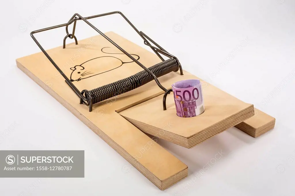 Mousetrap, 500 euros of banknotes, symbolic image, money, finances, dept trap