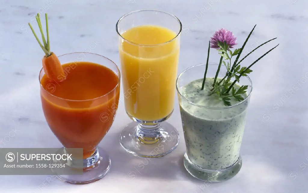 Carrot juice, Orange juice, Kefir-herbs-drink