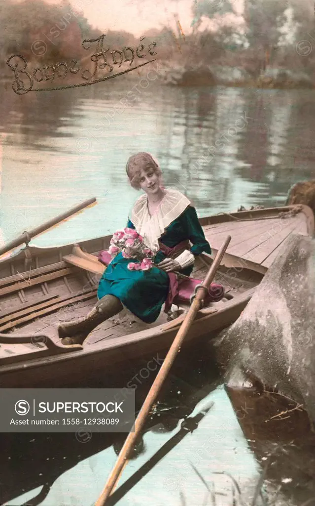 Postcard, historical, woman, flowers, rowing boat, New Year's wishes, Bonne Annee,
