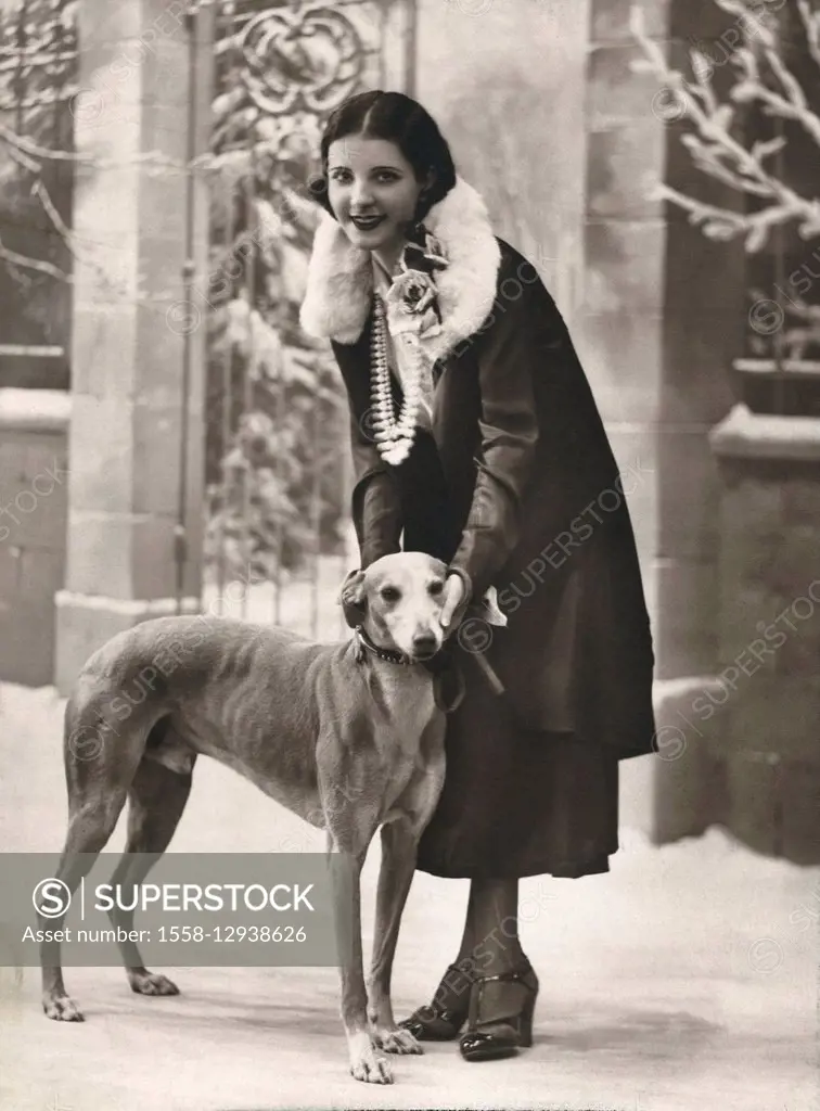 Postcard, historic, woman with dog, outside, s/w,