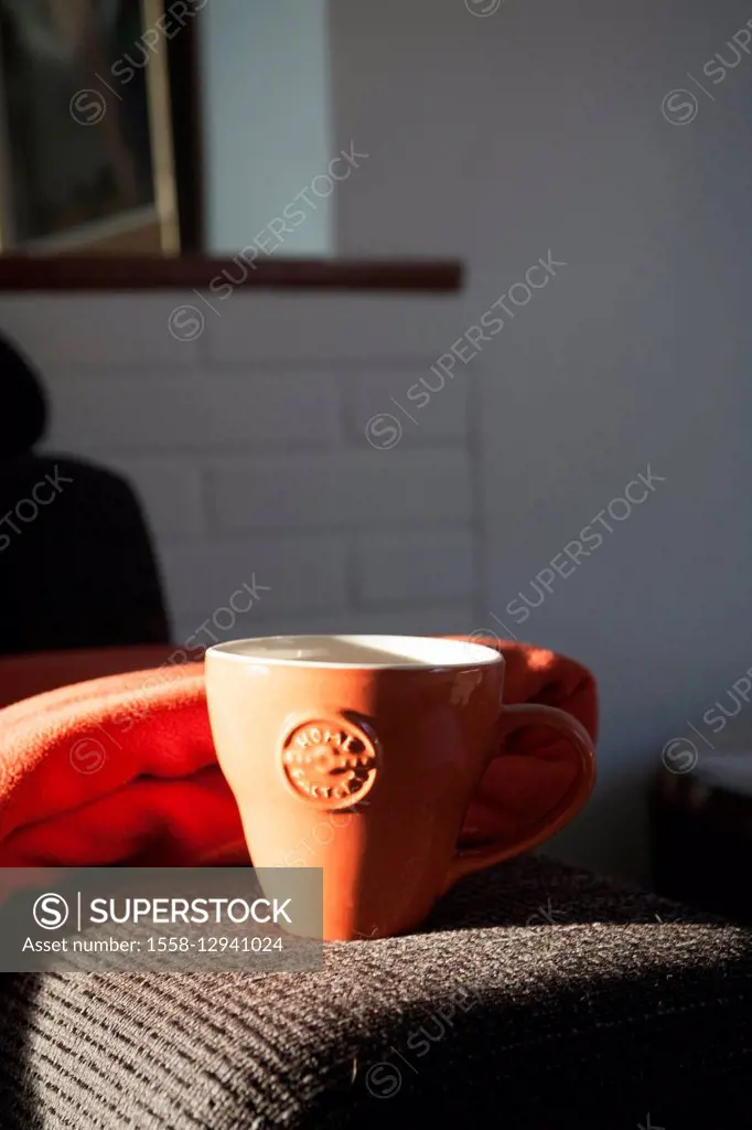 Coffee cup, teacup on sofa in the morning light