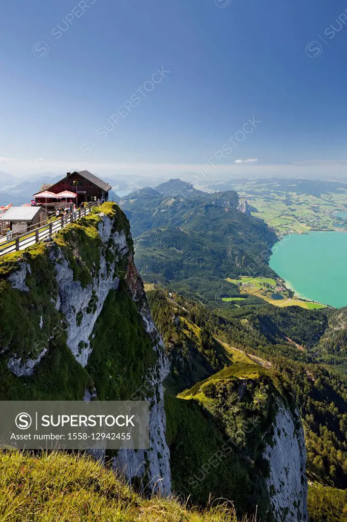 view to the 'Himmelpfortenhütte' (hut) from the 'Schafberg' (mountain), 'Mondsee' (lake), 'Salzkammergut' (resort area), 'Salzburg Land' (district), A...