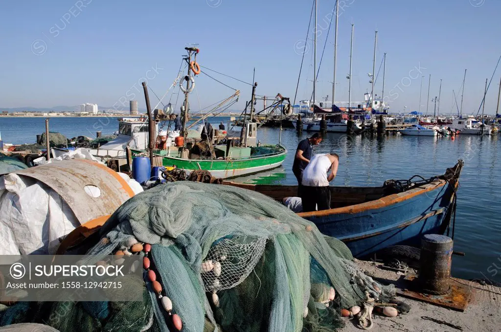 Harbour, fishermen, nets, Akko, Israel