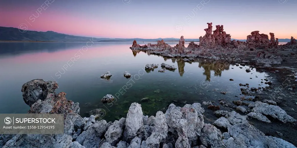 USA, America, California, Mono Lake, bizarre, shapes, pillars, desert, lake, water, colour, evening, dusk, panorama, landscape,
