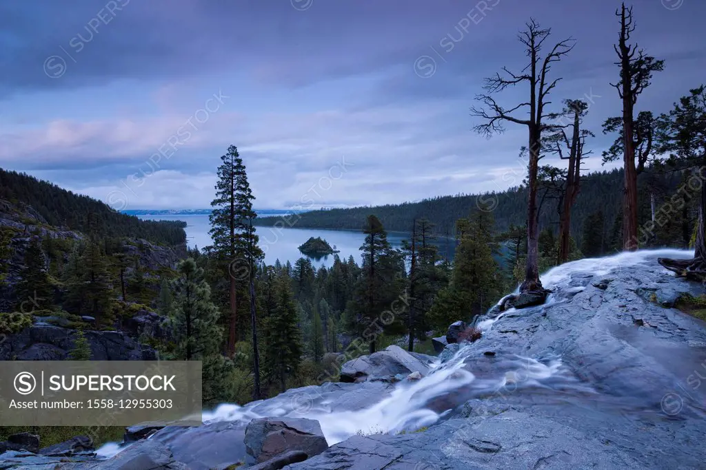 The USA, America, California, Lake Tahoe, waterfall, water, atmosphere, blue, violet, tree, light, clouds, Emerald Bay,