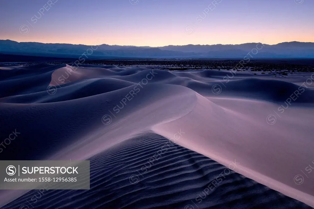 USA, America, California, Death Valley, dunes, Mesquite, blue, hour, mood, dusk, after, sunset, structure, panorama, landscape,
