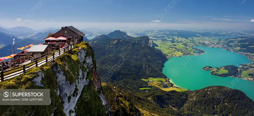 view to the 'Himmelspfortenhütte' (hut) from the 'Schafberg' (mountain), 'Mondsee' (lake), 'Salzkammergut' (resort area), 'Salzburg Land' (district), ...