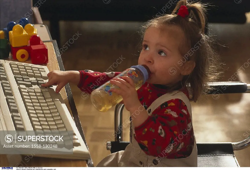 Bottle, drink, Computer, Girl
