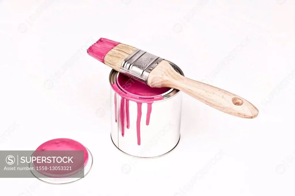 paint tin, wooden paint-brush, red, magenta, colour,