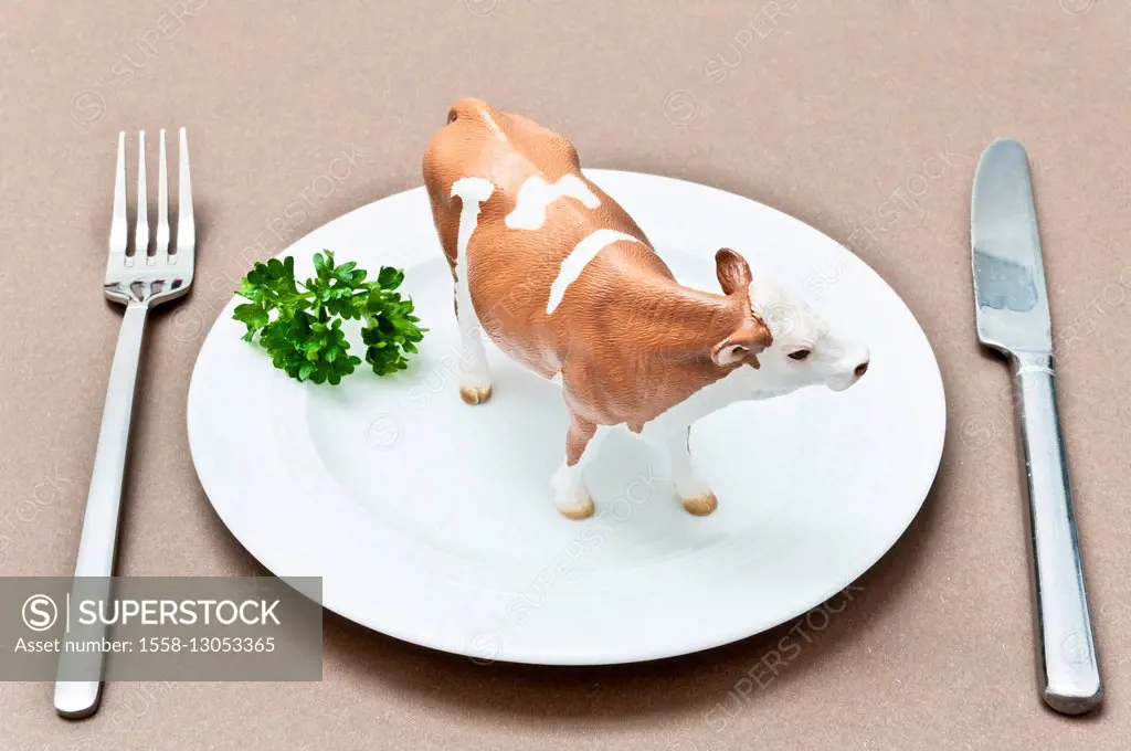 Animal figure, cattle, plate, fork, knife, cutlery, table,