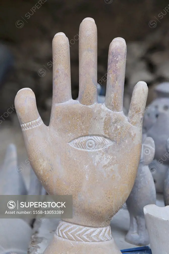 Handicraft, soapstone, hand of Fatima, souvenir, Ourika valley, the Atlas Mountains, Morocco,