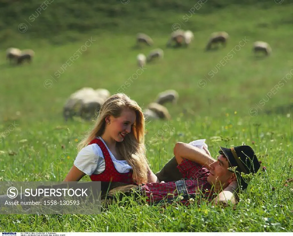 Couple, Traditional costume, lie, Meadow