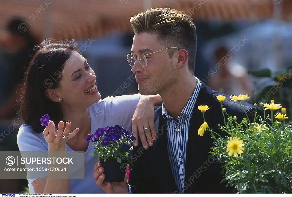 Couple, Gift, Flowers, laugh
