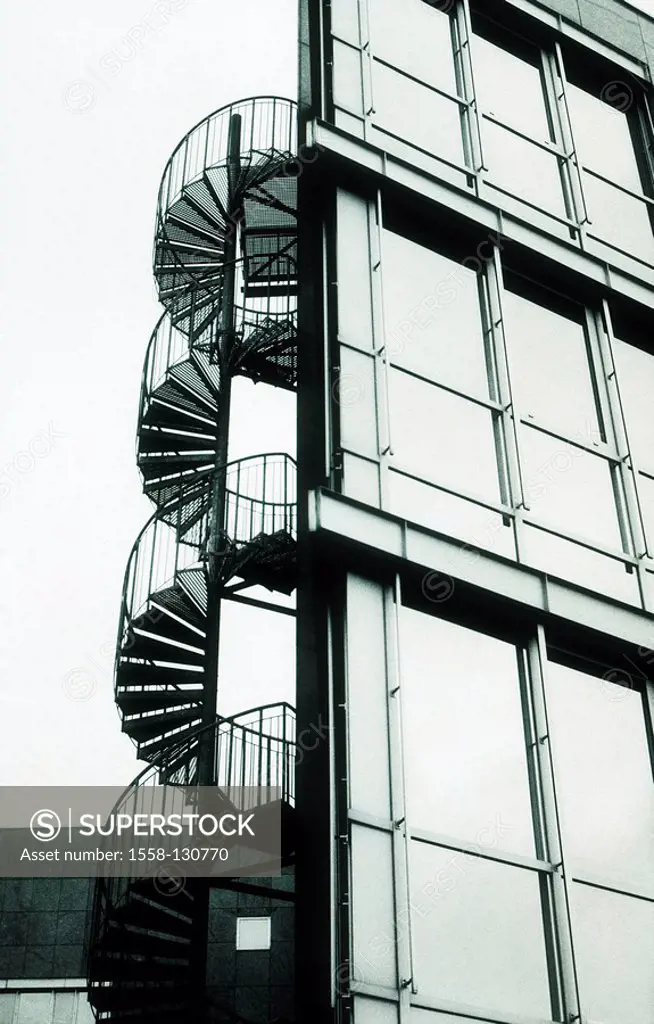 Germany, North Rhine_Westphalia, Dusseldorf, office building, detail, spiral staircase, s/w,