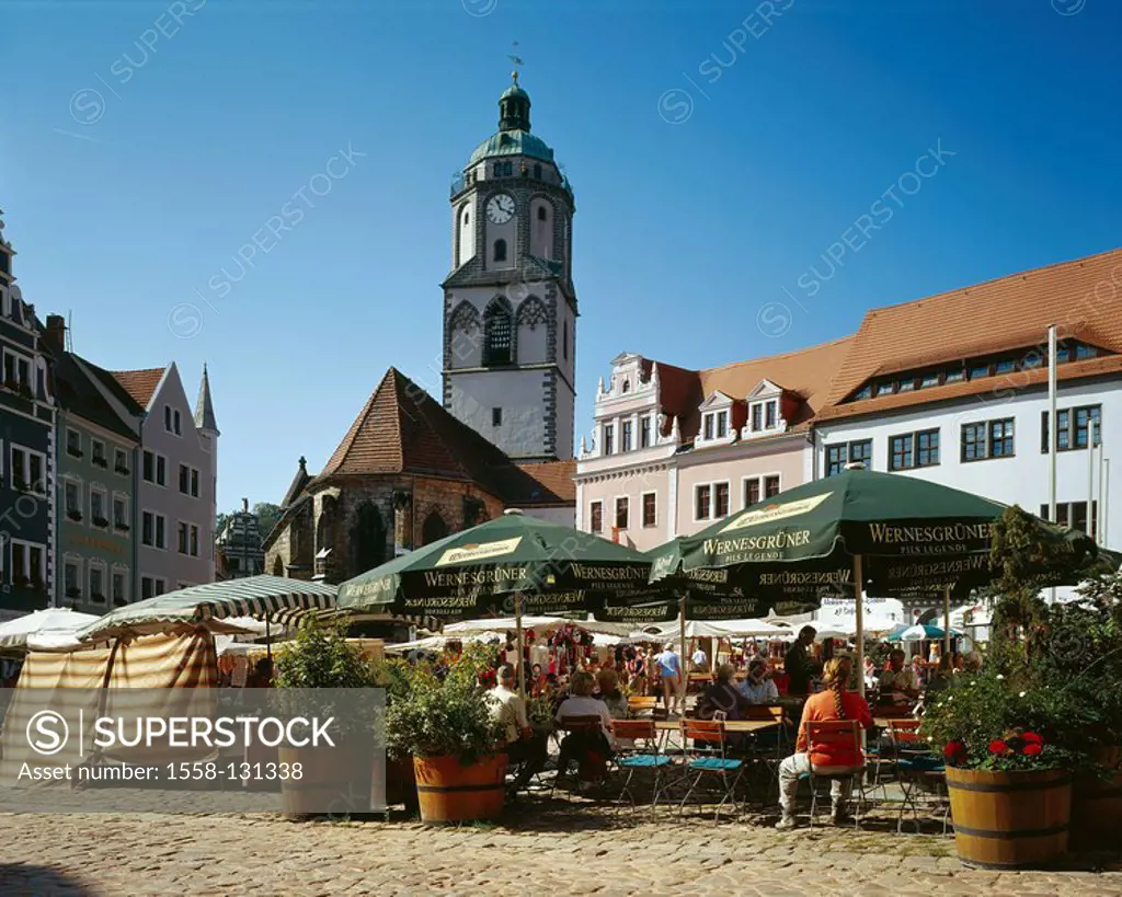 Germany, Saxony, Meißen, market place, cafe, Frauenkirche, detail, place, restaurant-terrace, pub, beer garden, church, hall church, 1460-152, style, ...