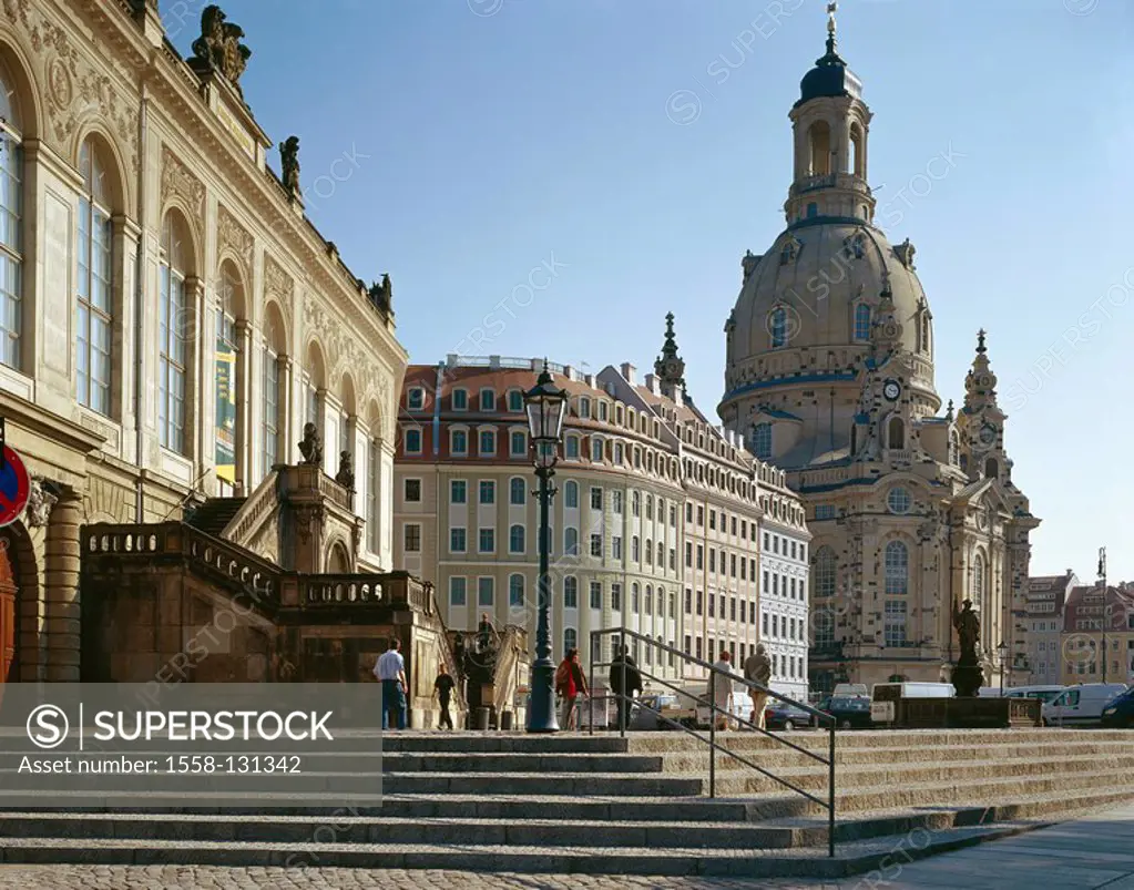 Germany, Saxony, Dresden, Old Town, Neumarkt, Johanneum, Frauenkirche, Friedensbrunnen, church, cathedral, style, baroque, baroque-church, Architect G...