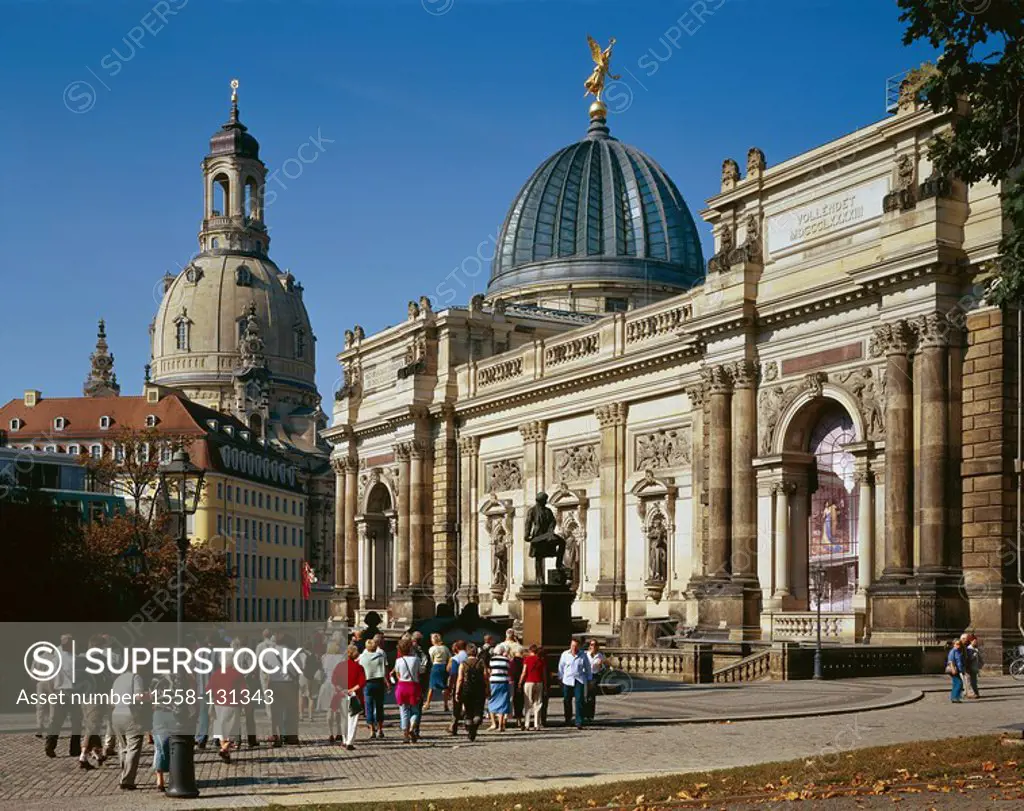 Germany, Saxony, Dresden, Old Town, Neumarkt, academy of arts, Gottfried-Semper-Denkmal, Frauenkirche, church, cathedral, style, baroque, baroque-chur...
