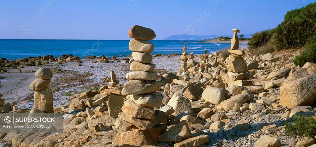 Italy, stacked Sardinia Golfo di´Orosei La Bidderosa island mounds, destination, coast, beach, sea, Mediterranean, rocks, stones, stony, deserted, nat...